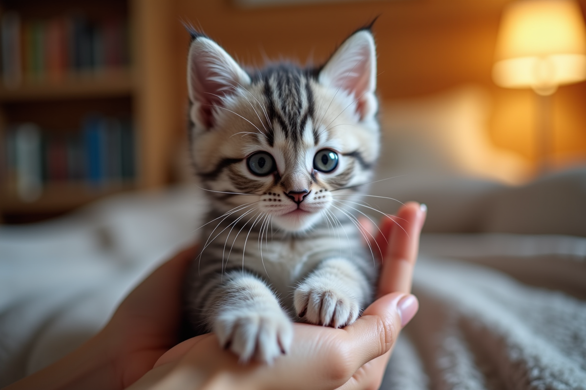 Chaton gris et blanc tenu par une main dans un cadre chaleureux