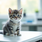 Chaton gris et blanc sur table d'examen vétérinaire lumineuse