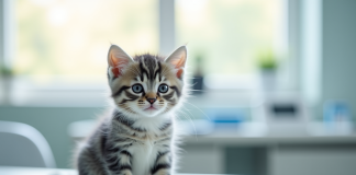 Chaton gris et blanc sur table d'examen vétérinaire lumineuse