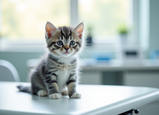 Chaton gris et blanc sur table d'examen vétérinaire lumineuse
