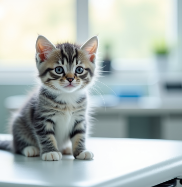 Chaton gris et blanc sur table d'examen vétérinaire lumineuse