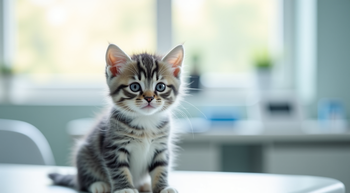 Chaton gris et blanc sur table d'examen vétérinaire lumineuse
