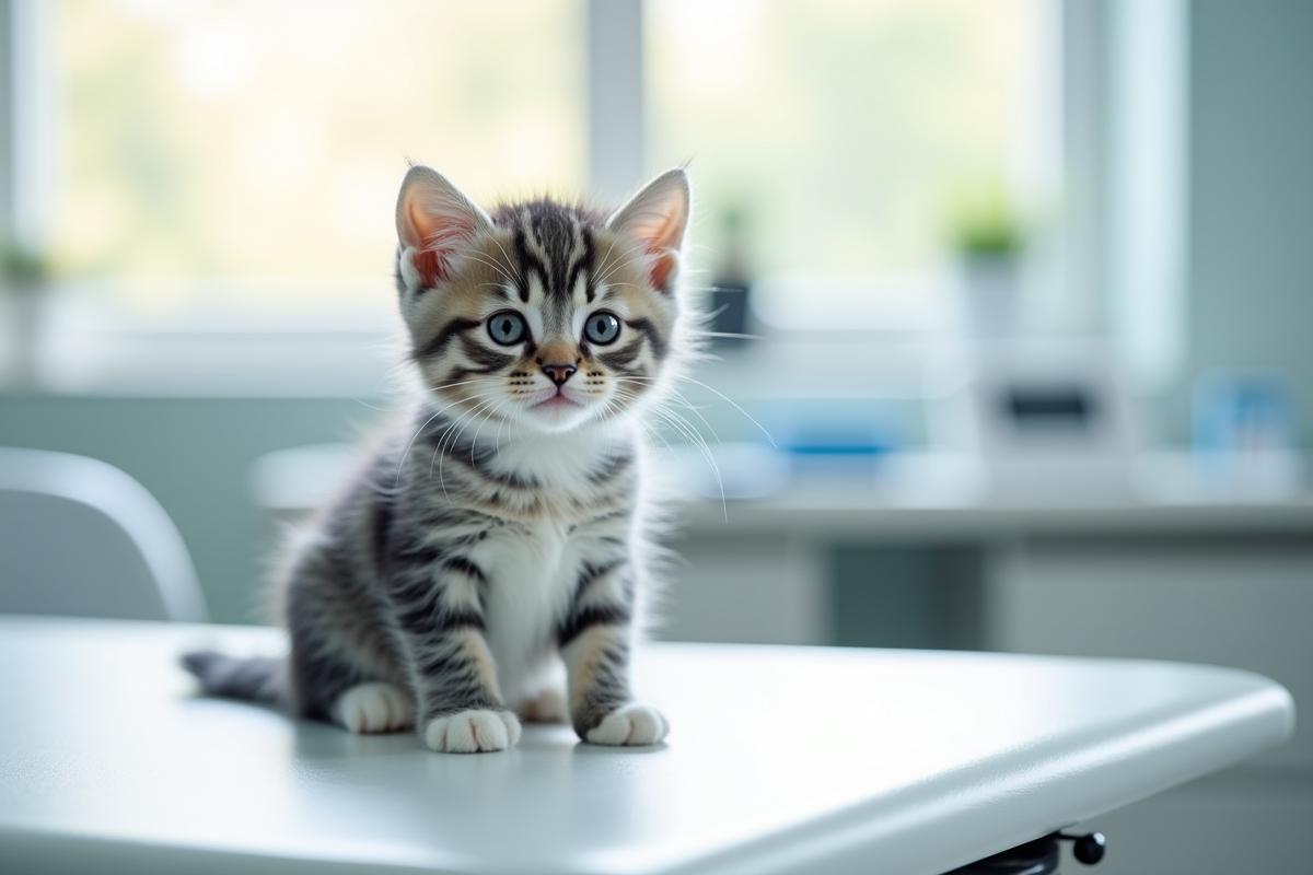Chaton gris et blanc sur table d'examen vétérinaire lumineuse
