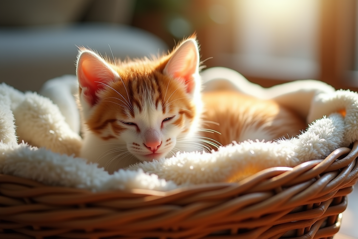 Chaton orange et blanc dans un panier douillet à la maison