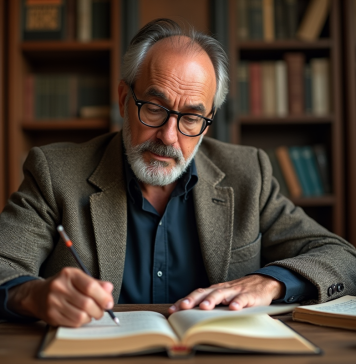 Concepts clés de Pierre Bourdieu : décryptage et analyse approfondis Chercheur français en tweed annotant un livre ancien dans un bureau