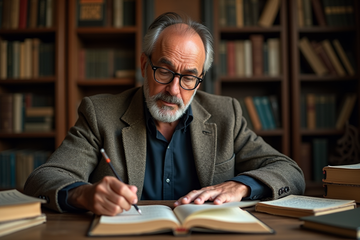 Chercheur français en tweed annotant un livre ancien dans un bureau