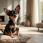 Petit chiot chihuahua élégant sur coussin moderne