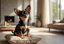 Petit chiot chihuahua élégant sur coussin moderne