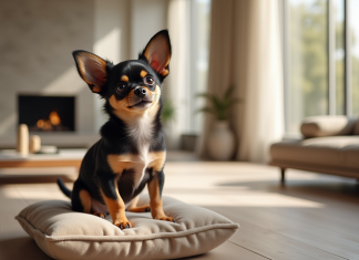 Petit chiot chihuahua élégant sur coussin moderne