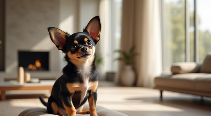 Petit chiot chihuahua élégant sur coussin moderne