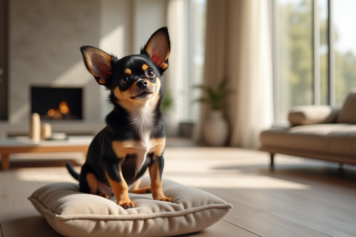 Petit chiot chihuahua élégant sur coussin moderne