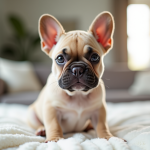 Chiot french bulldog assis sur un coussin blanc dans un salon lumineux
