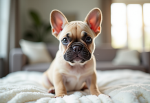 Chiot french bulldog assis sur un coussin blanc dans un salon lumineux