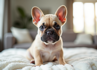 Chiot french bulldog assis sur un coussin blanc dans un salon lumineux