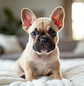 Chiot french bulldog assis sur un coussin blanc dans un salon lumineux