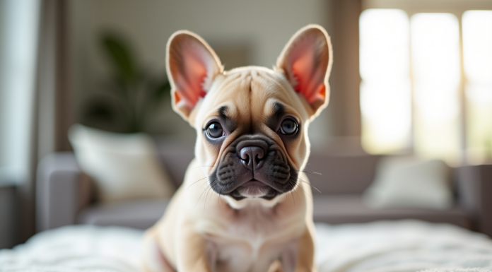 Les particularités du bouledogue français nain : santé et entretien Chiot french bulldog assis sur un coussin blanc dans un salon lumineux