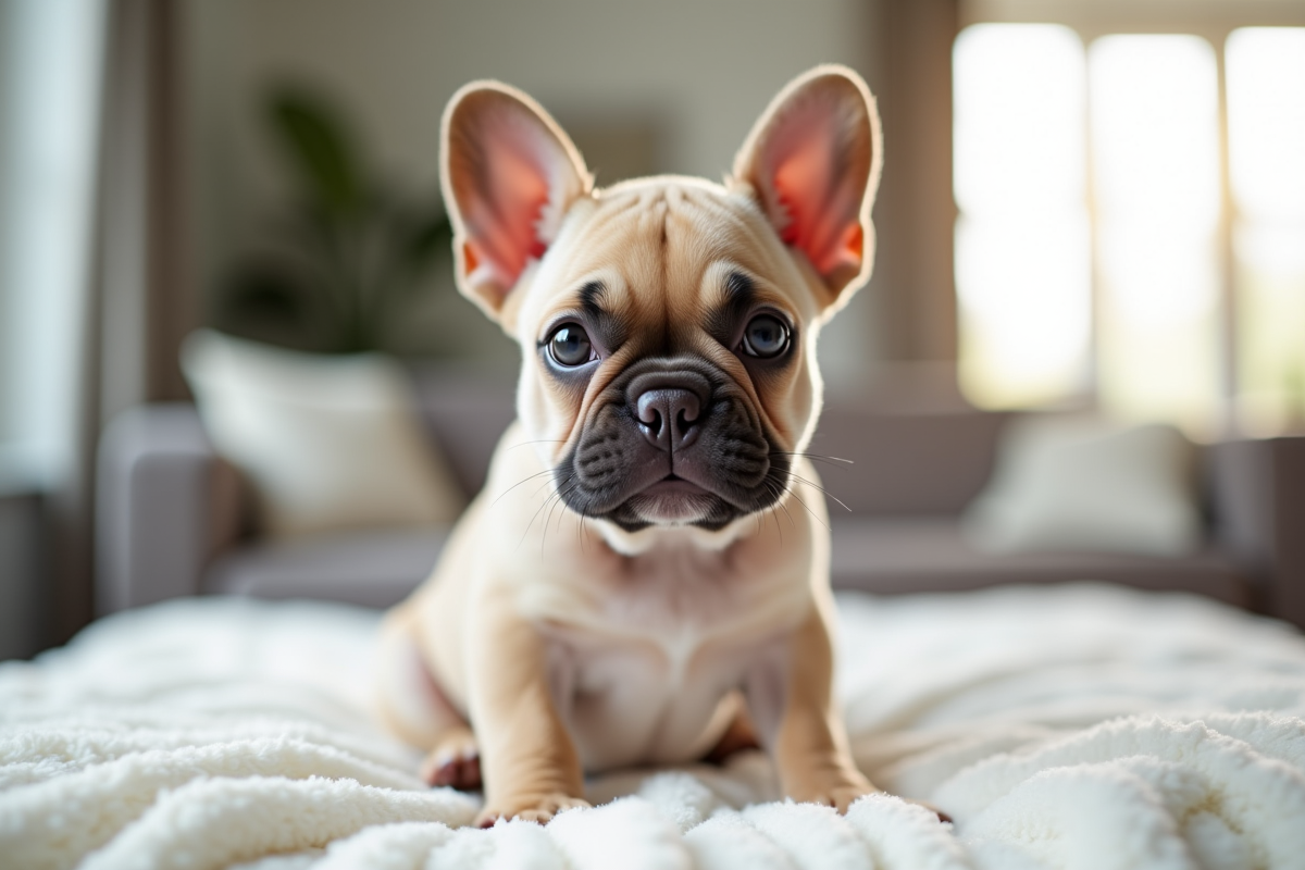Chiot french bulldog assis sur un coussin blanc dans un salon lumineux