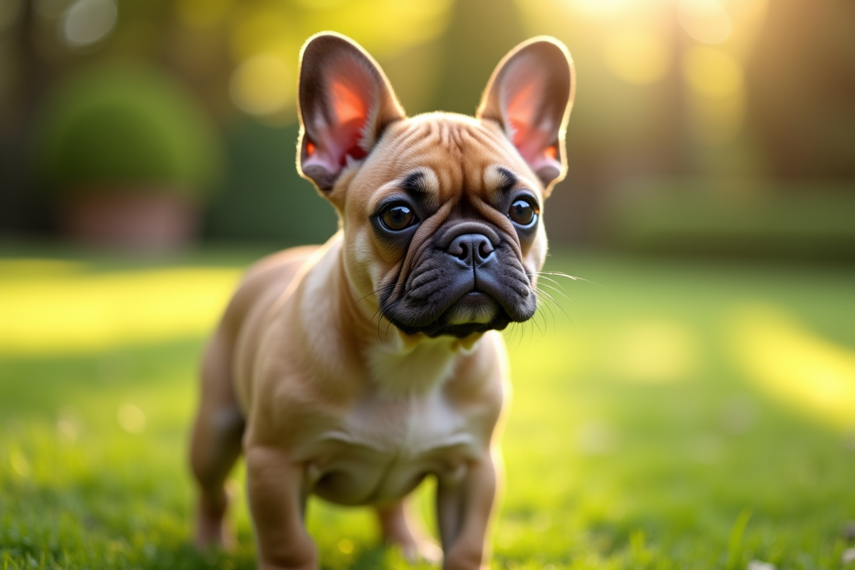Petit french bulldog debout dans un jardin ensoleille avec pelouse verte