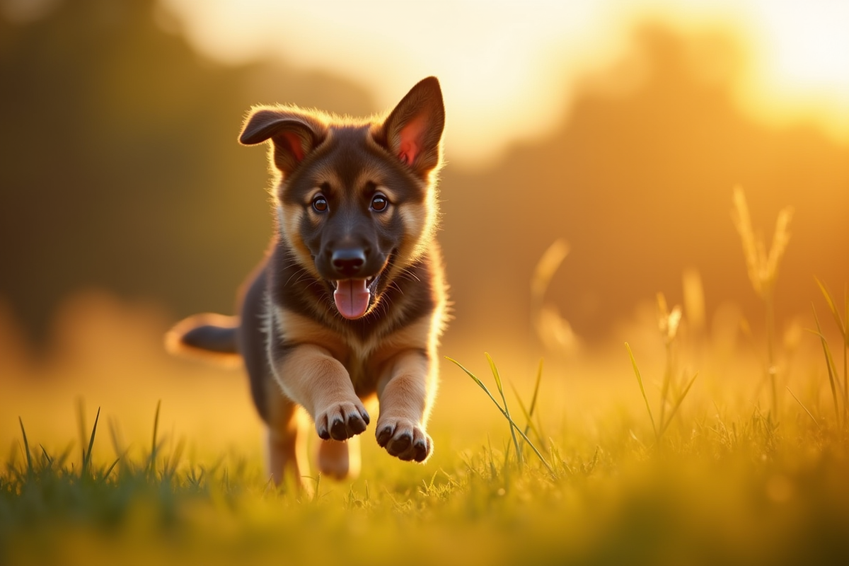 Chiot berger allemand courant dans un champ en or