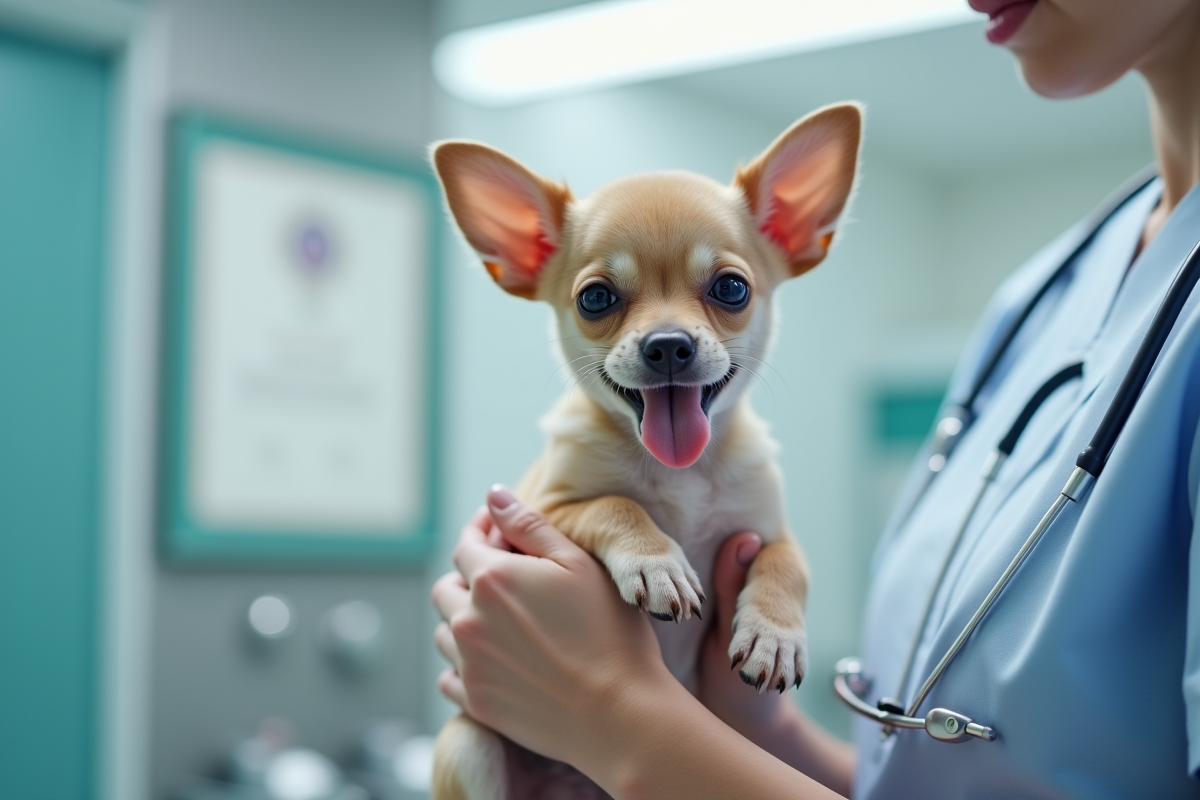 Chihuahua tenu par un éleveur dans une clinique vétérinaire