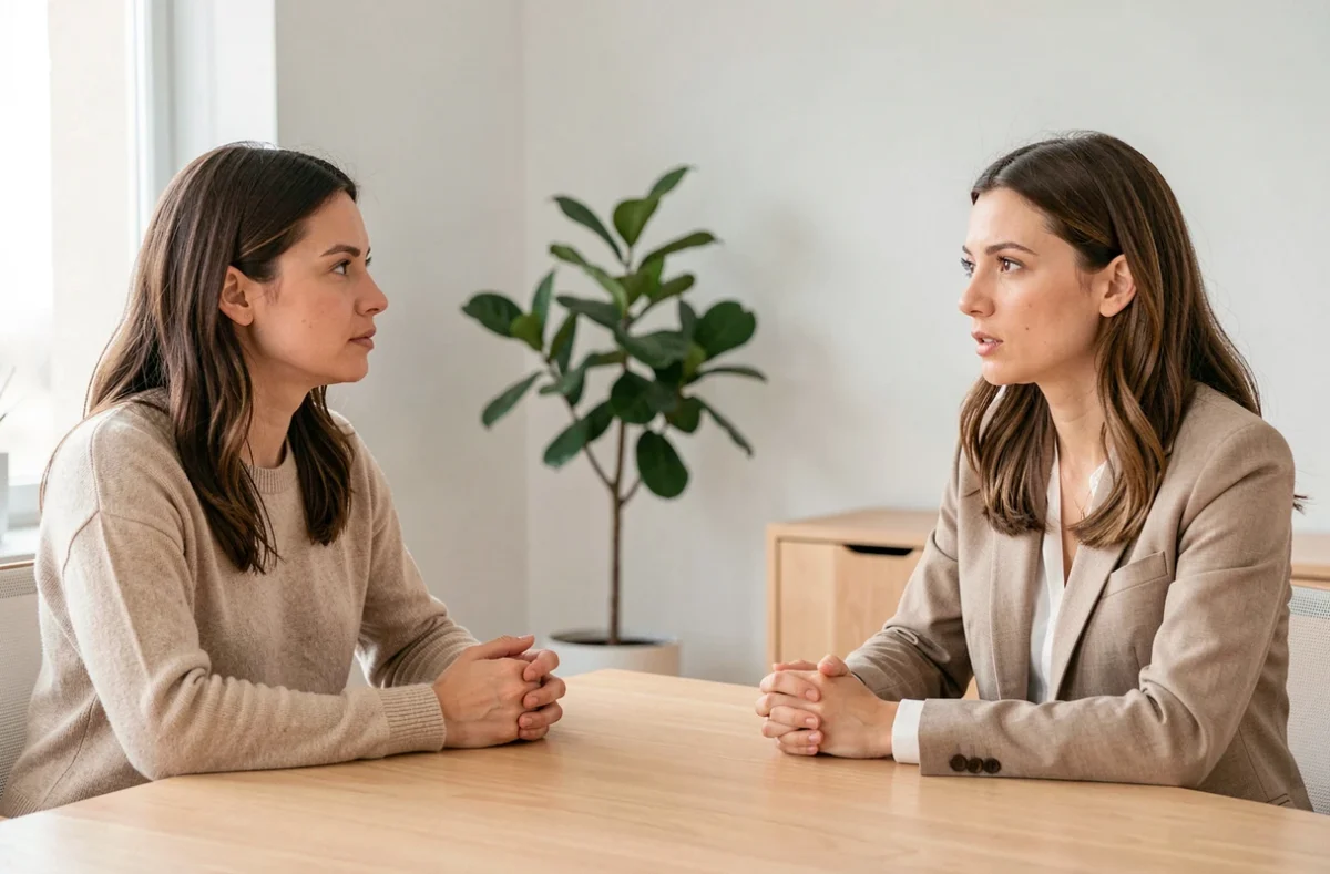 Deux femmes en conversation sincère dans un espace de travail épuré, évoquant la reconstruction de la confiance après avoir reconnu l'hypocrisie de leur entourage