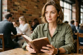 Femme pensive écrivant dans un journal au café, illustrant la réflexion sur la trahison et le dépassement de soi face à l'hypocrisie