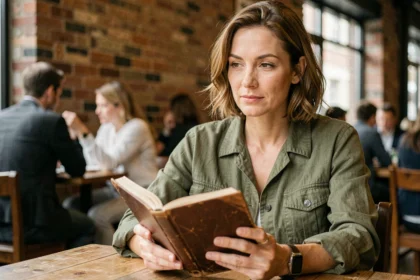 Femme pensive écrivant dans un journal au café, illustrant la réflexion sur la trahison et le dépassement de soi face à l'hypocrisie