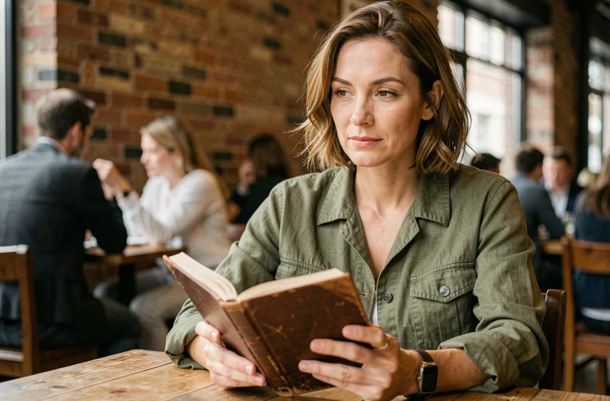 Femme pensive écrivant dans un journal au café, illustrant la réflexion sur la trahison et le dépassement de soi face à l'hypocrisie