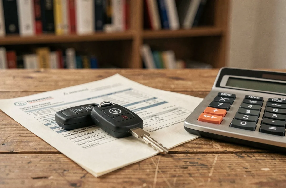 Clés de voiture puissante posées sur un contrat d'assurance automobile avec calculatrice de prime