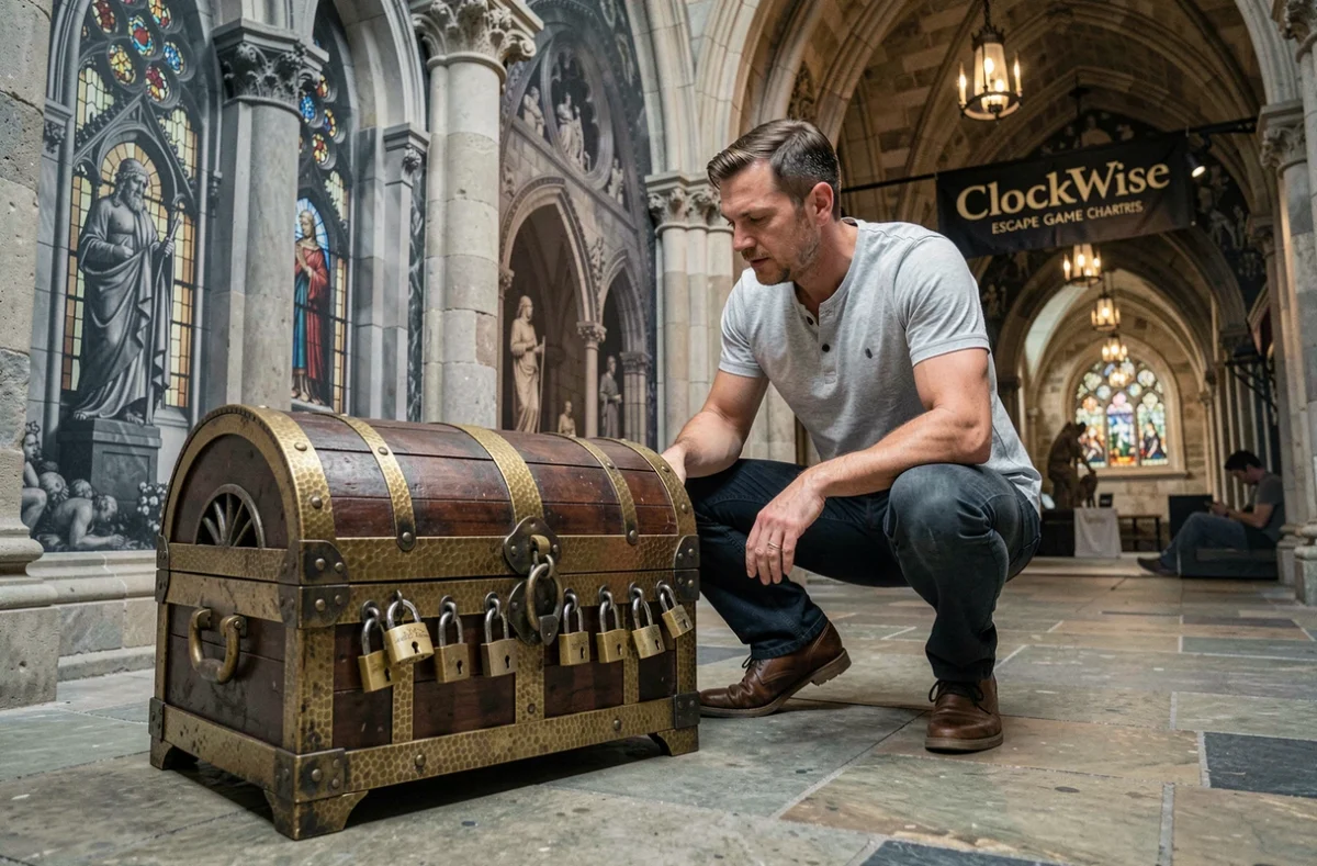 Joueur inspectant un coffre médiéval verrouillé dans la salle de ClockWise Escape Game à Chartres