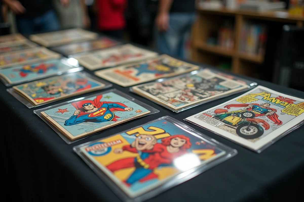 Collection de cartes téléphoniques à thème bande dessinée disposées en flat lay avec des planches de BD originales