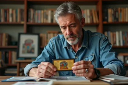 Collectionneur examinant une carte téléphonique illustrée de BD dans son bureau entouré d'albums et de classeurs de collection