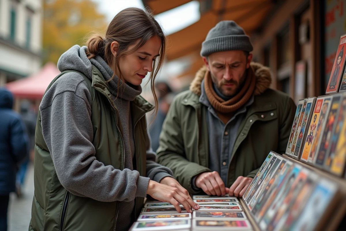Deux collectionneurs parcourant un stand de cartes téléphoniques BD dans un marché aux puces en plein air