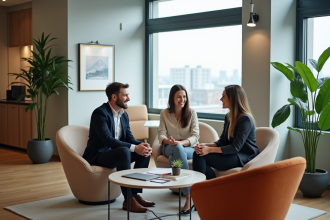 Trois collègues souriants dans un espace de pause moderne