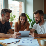 Trois colocataires autour d'une table moderne à discuter des factures
