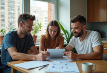 Trois colocataires autour d'une table moderne à discuter des factures