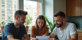 Trois colocataires autour d'une table moderne à discuter des factures