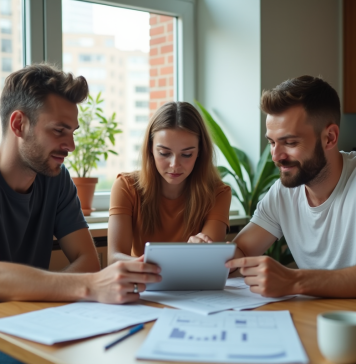 Trois colocataires autour d'une table moderne à discuter des factures