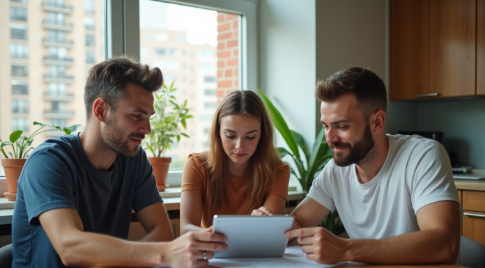 Trois colocataires autour d'une table moderne à discuter des factures