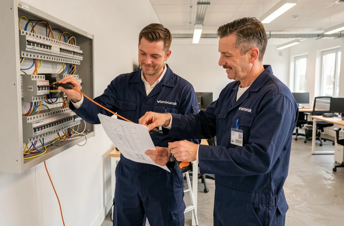 Deux techniciens de Compao Arras câblant une installation électrique commerciale dans un bureau rénové