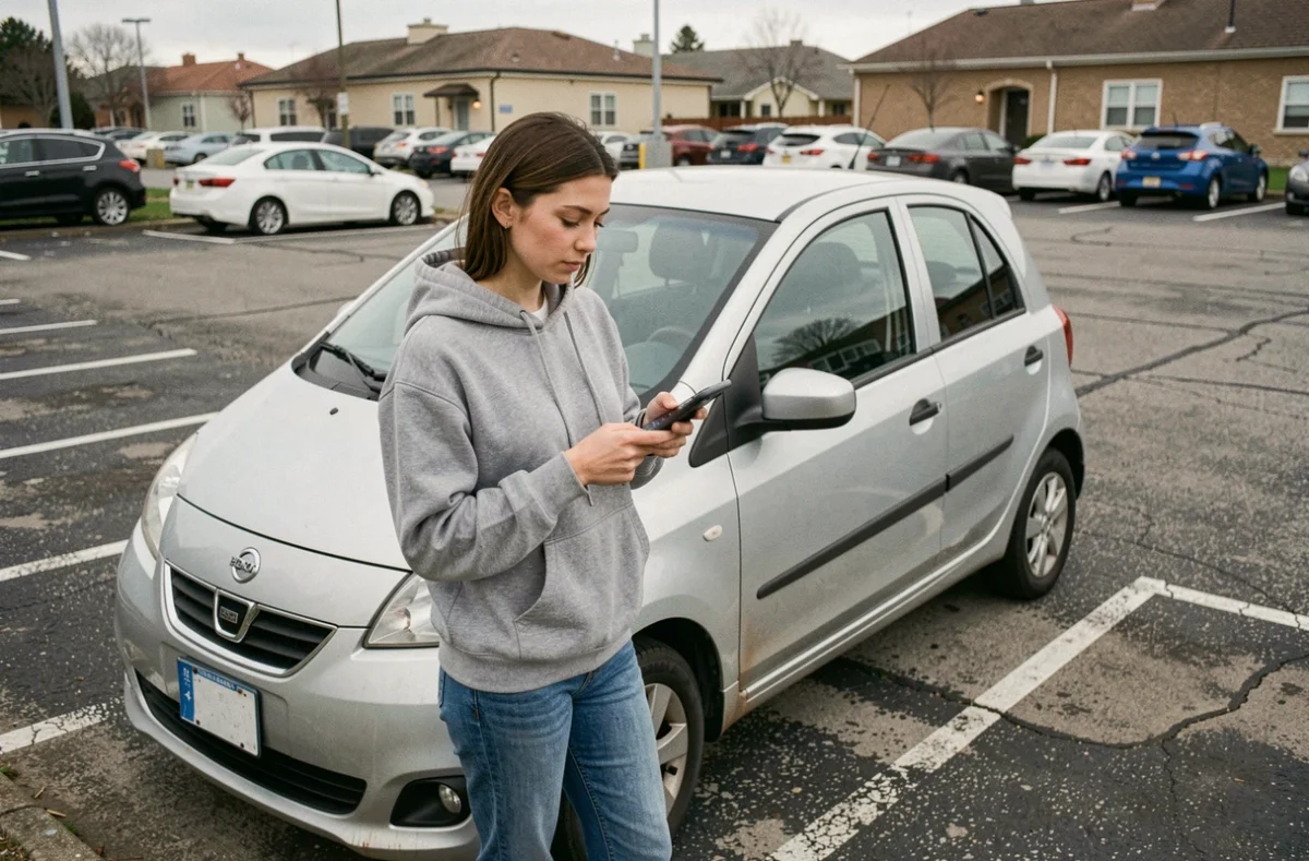 Jeune femme comparant des assurances auto sur son téléphone devant sa voiture