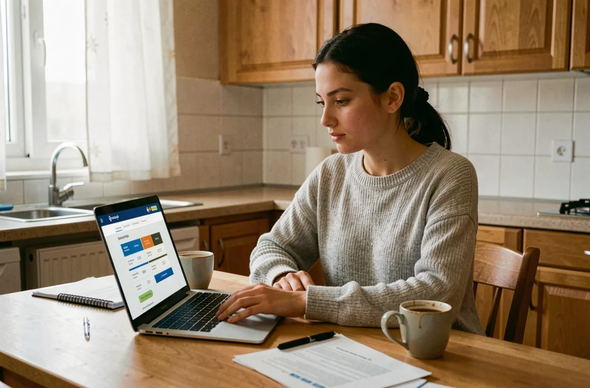 Jeune femme comparant les tarifs d'assurance auto jeune conducteur sur son ordinateur portable à la maison