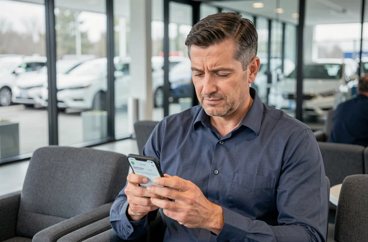 Homme comparant des assurances voiture sur smartphone dans une concession automobile