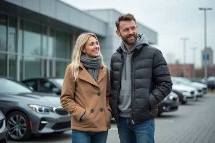 Homme et femme discutant devant des voitures neuves au concessionnaire
