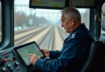 Conducteur de train dans la cabine urbaine moderne