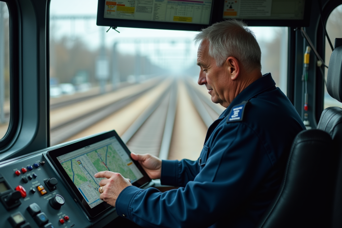 Conducteur de train dans la cabine urbaine moderne