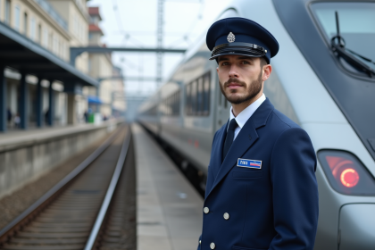 Jeune conducteur de train TGV en uniforme à la gare