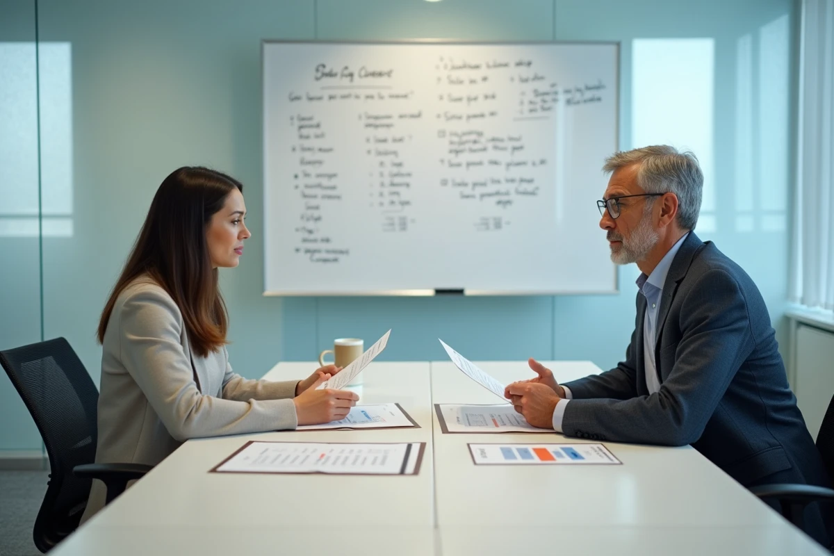 Réunion de conseil en reconversion professionnelle autour d'une grille de salaire d'enseignant certifié