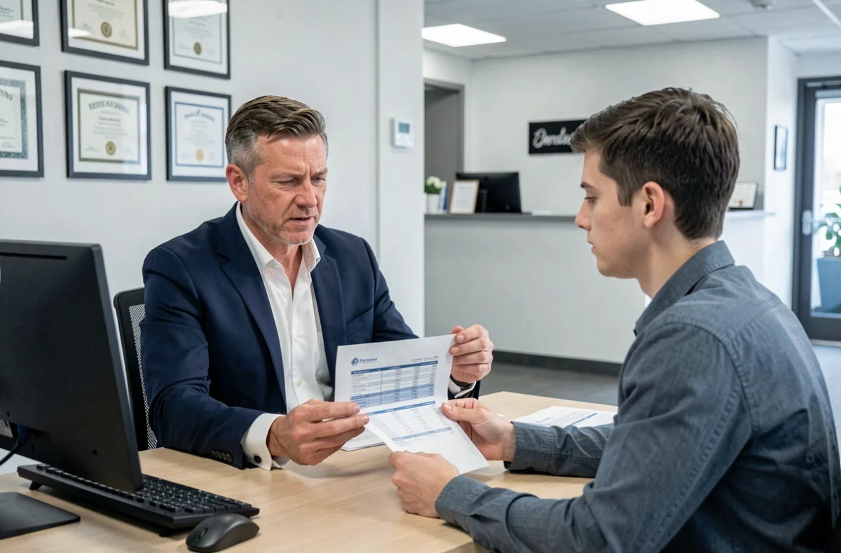 Conseiller en assurance présentant un devis d'assurance auto à un jeune conducteur