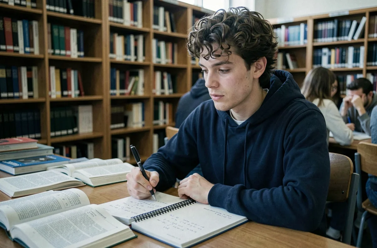 Étudiant réfléchissant à une conversion de cm cube en litre de tête dans une bibliothèque universitaire